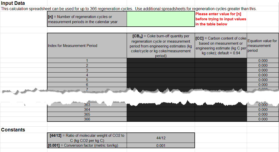 Y-11 Input Spreadsheet Data Entry into the Green Cells